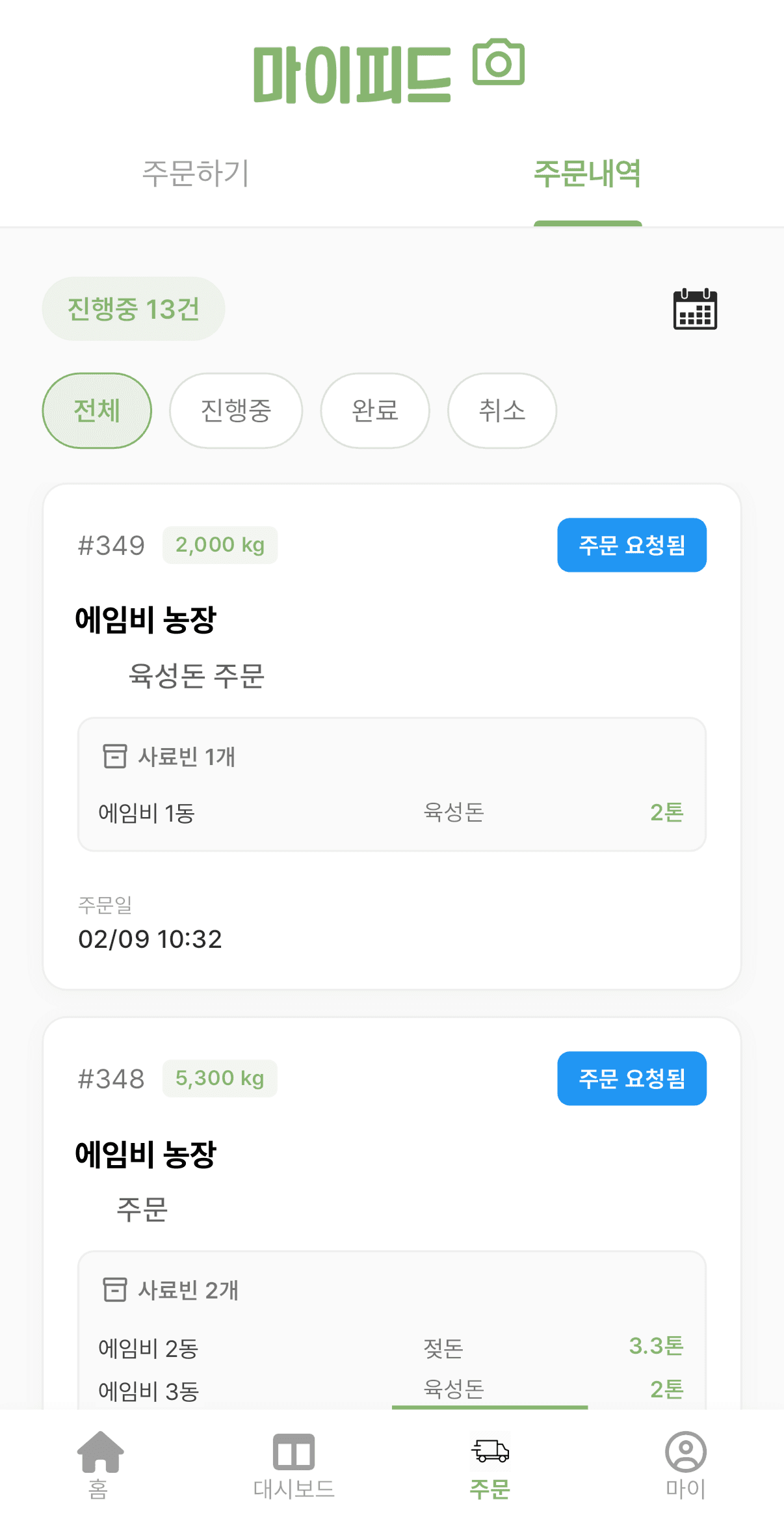 หน้าจอประวัติการสั่งซื้อของ MyFeed - สถานะของแต่ละคำสั่งซื้อ